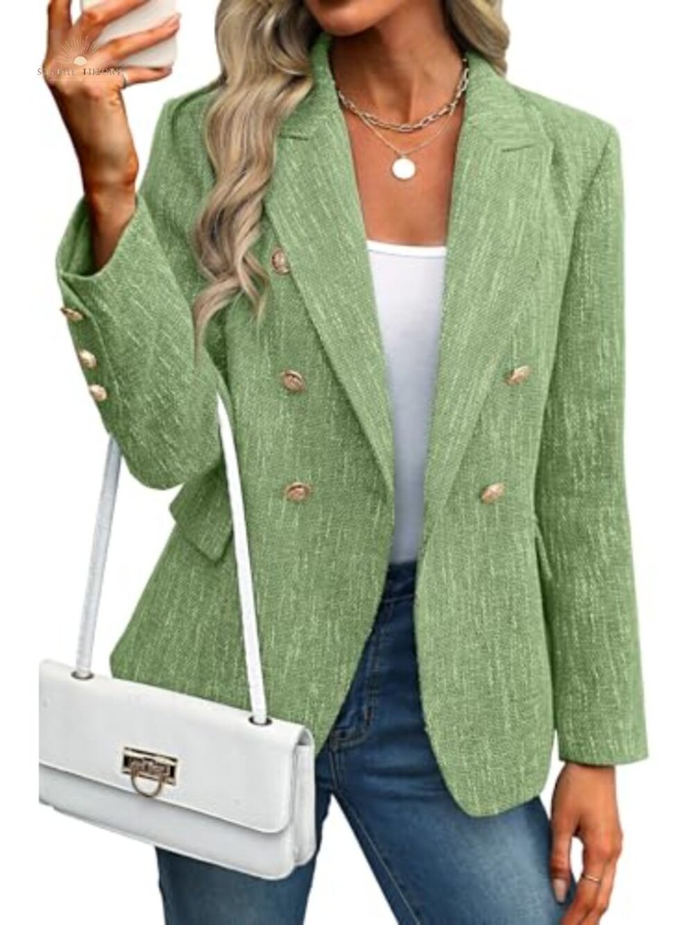 Tweed Blazer Double-Breasted Slim Fit Padded Shoulders Business Casual